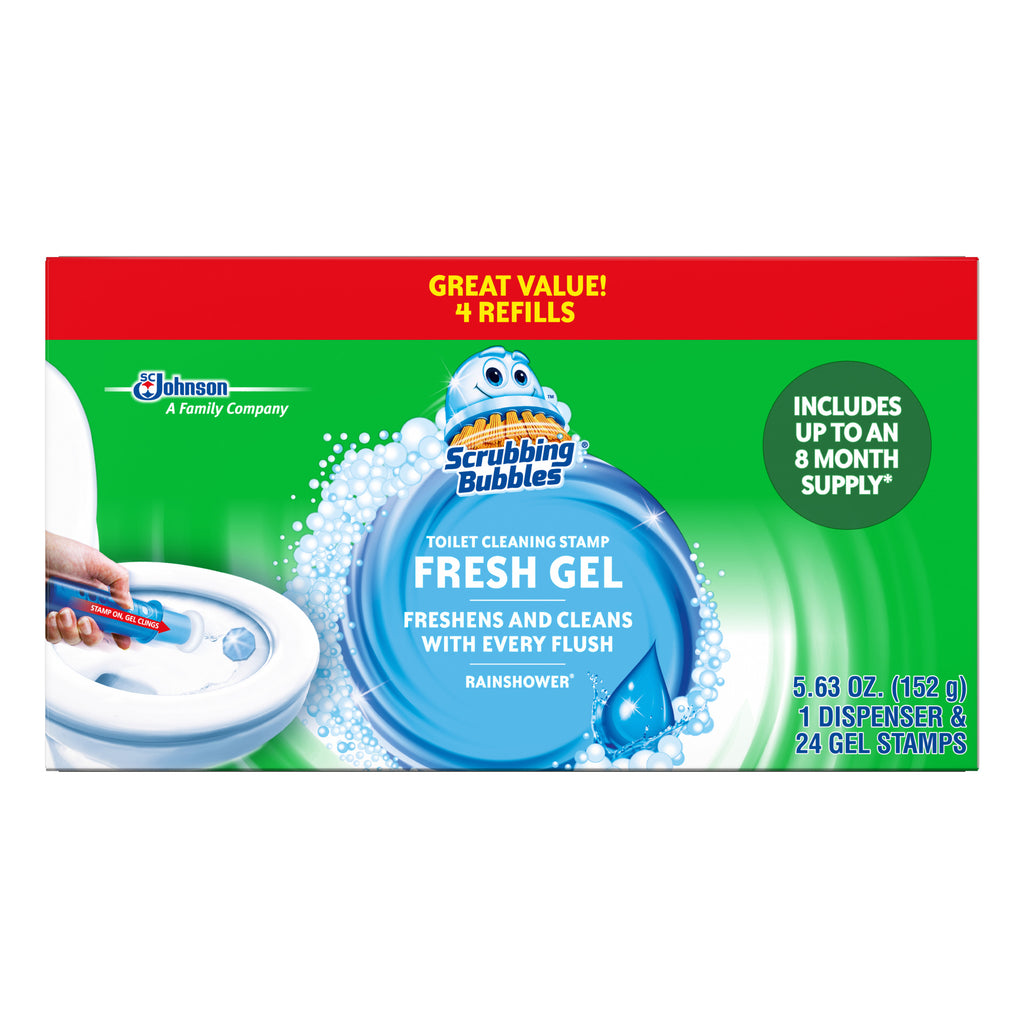Fresh Gel Toilet Cleaning Stamp, Rainshower, Dispenser with 4 Refills