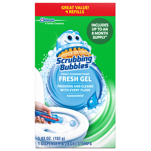 Fresh Gel Toilet Cleaning Stamp, Rainshower, Dispenser with 4 Refills